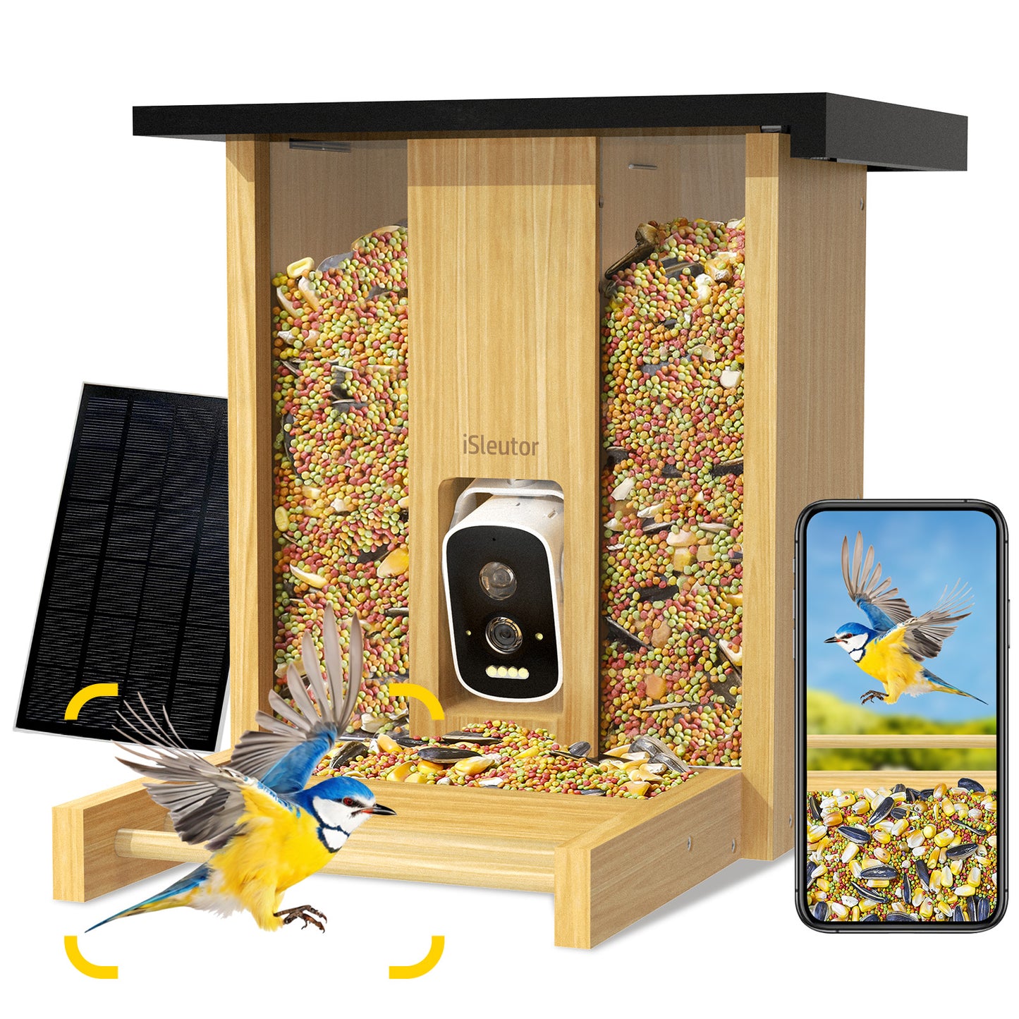 Bird Feeder with Camera Solar Powered, 2.1L Smart Bird Feeder with 2 Seperate Bins, AI Identify - Adjustable Camera Angle, 4MP HD Wireless Live Cam - Auto Record & Notify in Time, Eco-Friendly Bamboo