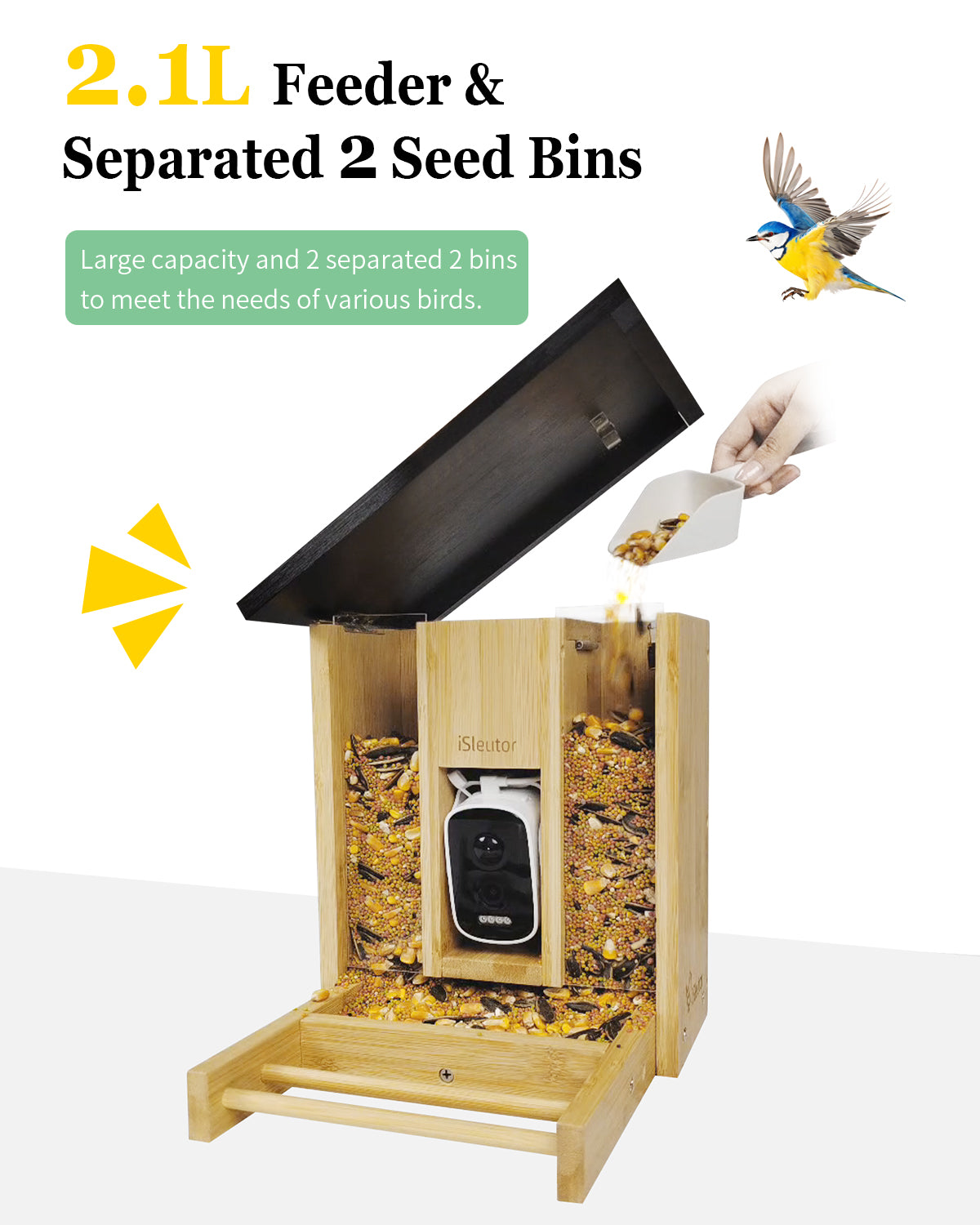 Bird Feeder with Camera Solar Powered, 2.1L Smart Bird Feeder with 2 Seperate Bins, AI Identify - Adjustable Camera Angle, 4MP HD Wireless Live Cam - Auto Record & Notify in Time, Eco-Friendly Bamboo