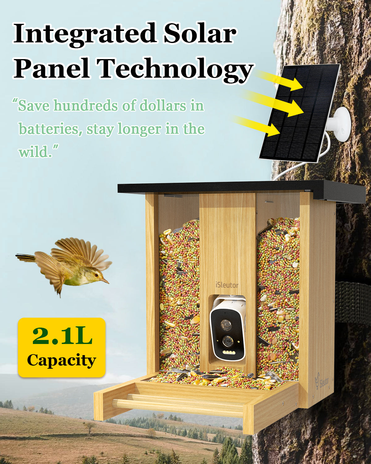 Bird Feeder with Camera Solar Powered, 2.1L Smart Bird Feeder with 2 Seperate Bins, AI Identify - Adjustable Camera Angle, 4MP HD Wireless Live Cam - Auto Record & Notify in Time, Eco-Friendly Bamboo